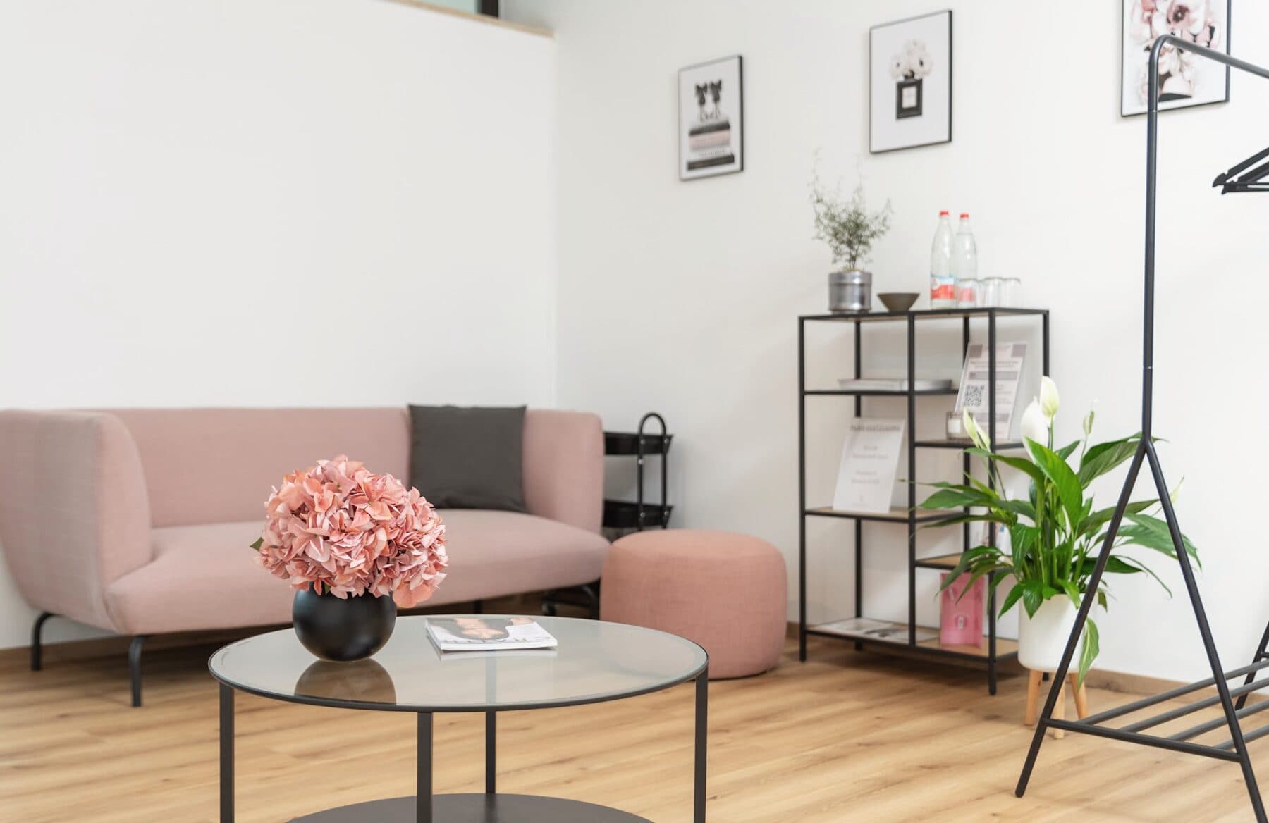 Wartebereich im Beautyloft mit altrosa Sofa, Pflanzen und Produktregal